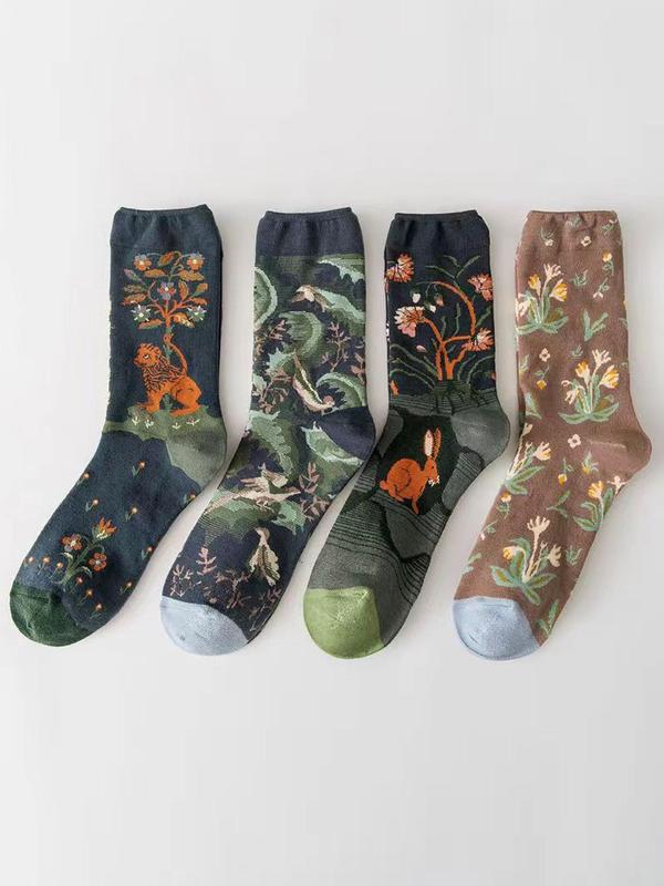 Women's 4 Pairs Animal & Floral Print Crew Socks, Fashion Street Comfy Socks For Daily Vacation Party, Women's Socks For All Seasons