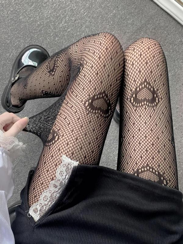 Women's 1 Pair Heart Pattern Fishnet Tights, Comfort Sheer Mesh Footed Tights for Lady, Hollow Out Stockings for Spring & Fall, Womenswear, High Waist Black Pantyhose for Women