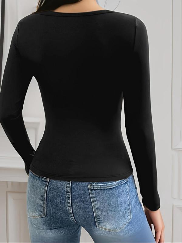 Women's Solid Thermal Lined Top, Casual Comfy U Neck Long Sleeve Top for Fall & Winter, Women's Underwear for Daily Wear