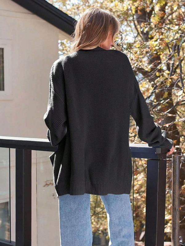 Women's Solid Drop Shoulder Pocket Cardigan, Casual Long Sleeve Open Front Knitwear for Fall & Winter, Fashion Women's Knit Clothing for Daily Wear