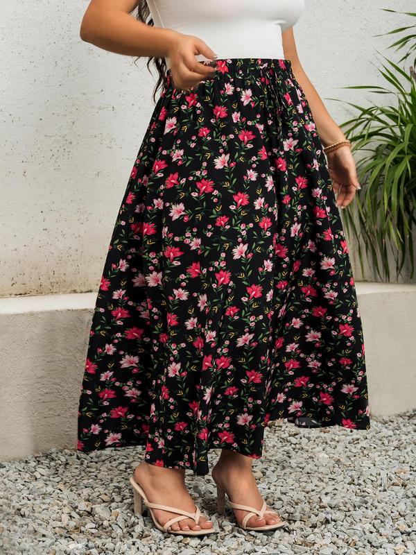 CURVZY Plus Size Fall Aesthetic Ditsy Floral Print Flared Skirt, Boho Long Skirt for Beach Vacation Holiday, Skirts for Women, Women's Bottoms for Summer & Autumn