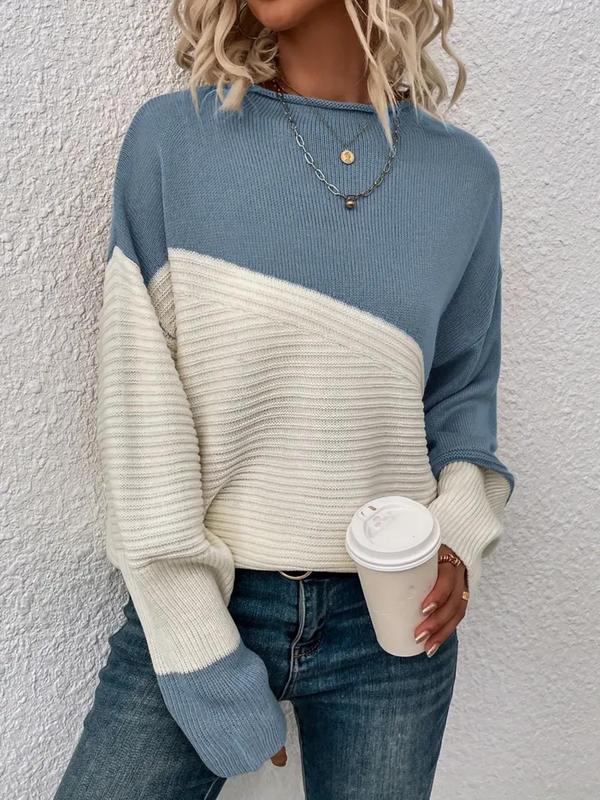 Womenswear Colorblock Drop Shoulder Comfort Sweater, Fall Outfits, Casual Long Sleeve Round Neck Lady Jumper, Ladies' Knitwear for Daily Wear, Fall Outfits