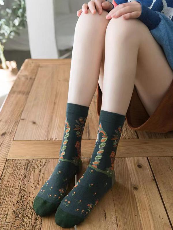 Women's 4 Pairs Animal & Floral Print Crew Socks, Fashion Street Comfy Socks For Daily Vacation Party, Women's Socks For All Seasons