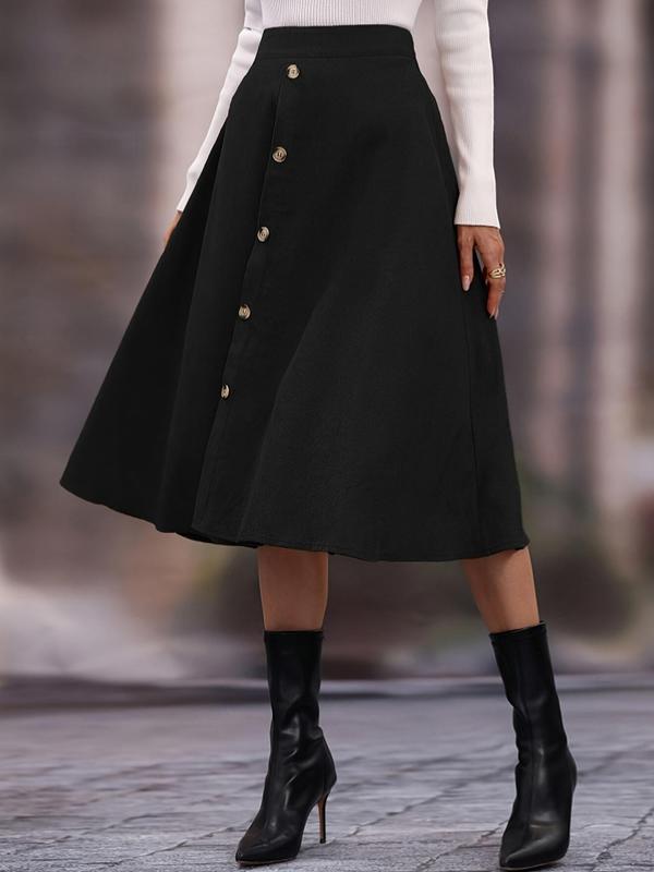 Women's Plain Button Flared Skirt, Elegant Fashion Casual Midi Vintage Skirt for Daily Outdoor Wear, Skirts for Women, Ladies Bottoms for All Seasons