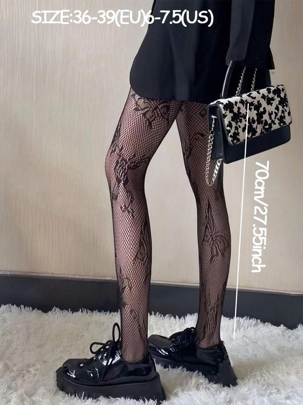 Women's Butterfly & Bow Pattern Fishnet Tights, Fashion Breathable High Stretch Hollow Out Sheer Pantyhose for Daily Wear, Ladies Tights for All Seasons