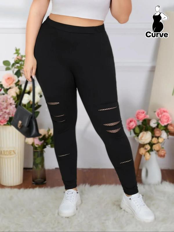 Plus Size Women's Plain Ripped Leggings, Casual Stretchy Skinny Pants, Women Plus Clothing for Daily Wear