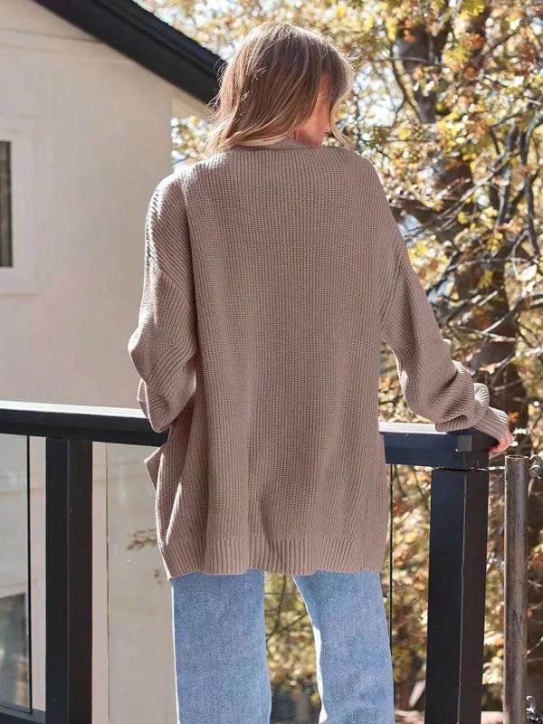 Women's Solid Drop Shoulder Pocket Cardigan, Casual Long Sleeve Open Front Knitwear for Fall & Winter, Fashion Women's Knit Clothing for Daily Wear