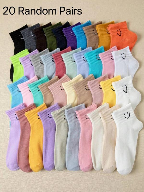 Random Women's Smile Face Print Ankle Sock, 20 Pairs Casual Moisture Wicking Low Cut Sock, Soft Comfy Breathable Sock for All Seasons Daily Wear