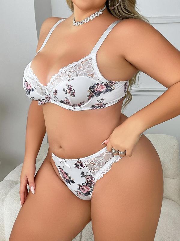  Two-Piece Set Tie Dye Floral Print Contrast Lace Bra & Panty Underwear Set, Adjustable Strap Push Up Bra & Knicker, Women's Lingerie Set for All Seasons