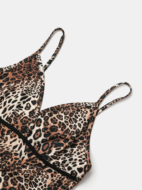 YOZY Women's Leopard Print   Plain Cami Bodysuit, Casual Adjustable Strap Backless Bodysuit for Daily Wear, Ladies Clothes for All Seasons