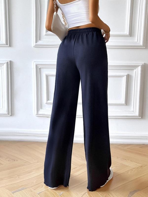 Women's Plain Lettuce Trim Drawstring Waist Wide Leg Pants, Casual Elastic Waist Pocket Trousers for Fall & Winter, Women's Bottoms for Daily Wear