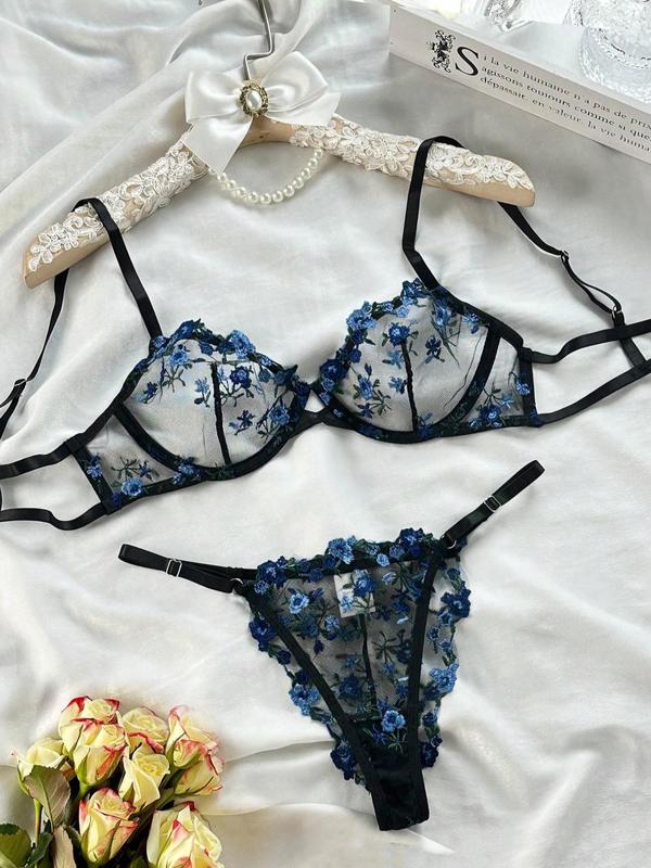 Women's Ditsy Floral Embroidery Underwire Bralette & Thong Lace Sexy Lingerie Set, Sheer Adjustable Spaghetti Strap Push Up Bra & Panty Set, Women's Lingerie Set, Women Sexy Lingerie, Women Nightwear for Summer, Women's 2 Piece Sets