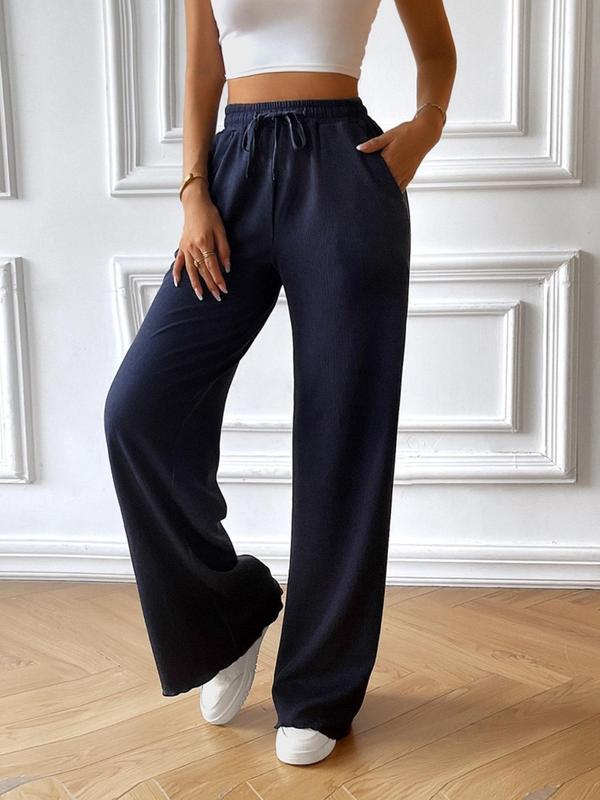 Women's Plain Lettuce Trim Drawstring Waist Wide Leg Pants, Casual Elastic Waist Pocket Trousers for Fall & Winter, Women's Bottoms for Daily Wear