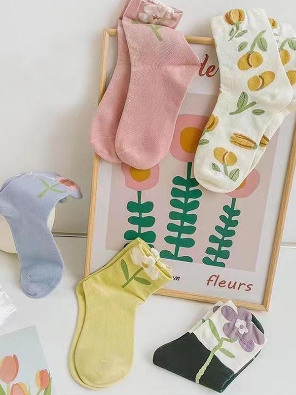 Women's 5 Pairs Floral Print Crew Socks, Fashion Casual Comfy Socks for Daily Outdoor Wear, Women Socks for All Seasons