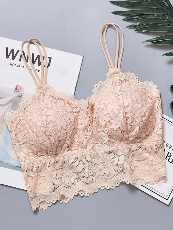 Women's Floral Detail Contrast Lace Bra, Breathable Sheer Lingerie Top for Daily Wear, Soft Comfy Seamless Underwear for Women