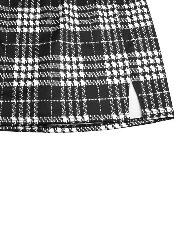  Plaid Print Split Hem Bodycon Skirt, Elegant High Waist Short Skirt for Daily Outdoor Wear, Women's Bottoms for All Seasons