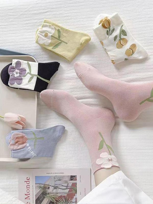 Women's 5 Pairs Floral Print Crew Socks, Fashion Casual Comfy Socks for Daily Outdoor Wear, Women Socks for All Seasons