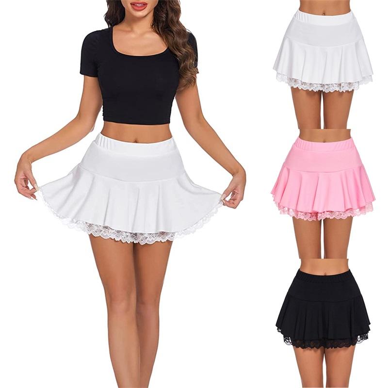 Women's Pleated Mini Skirt A-shaped Flared Outline Lace Ruffles Elastic Waistband Short Skirt