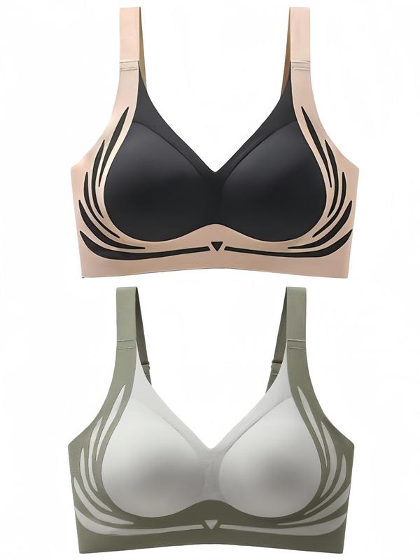 Women's Colorblock Print Wireless Bra, Seamless Adjustable Strap Push Up Bra, Soft Comfortable Breathable Lingerie for All Seasons, Women's Clothing