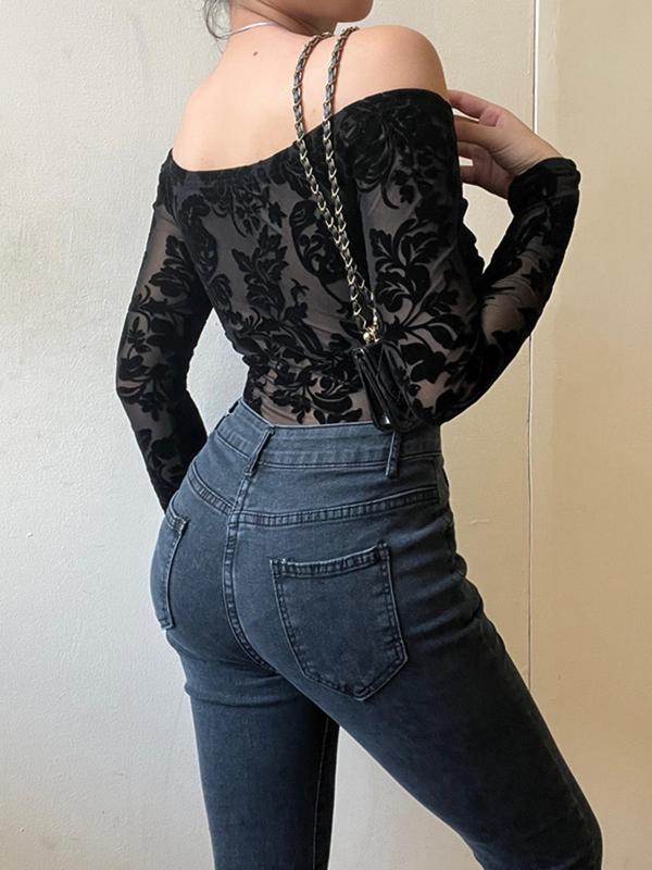 Women's Floral Pattern Sheer Off Shoulder Bodysuit, Elegant Long Sleeve Bodysuit for Party Holiday Vacation, Ladies Fall & Winter Clothes