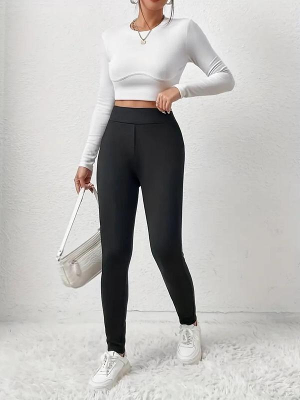 Women's Solid High Waist Thermal Lined Leggings, Casual Soft Warm Comfy Skinny Pants for Daily Wear, Ladies Bottoms for All Seasons