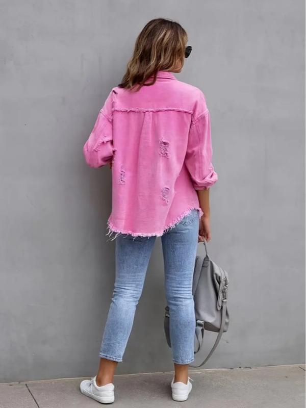 Pink Ripped Raw Hem Denim Coat, Lapel Long Sleeve Flap Chest Pocket Distressed Street Style Denim Jacket, Women's Denim Jeans & Clothing