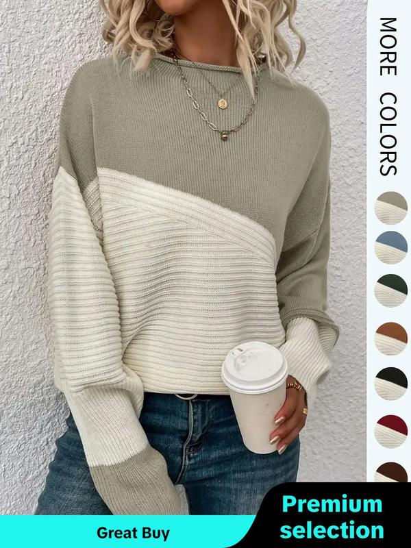 Womenswear Colorblock Drop Shoulder Comfort Sweater, Fall Outfits, Casual Long Sleeve Round Neck Lady Jumper, Ladies' Knitwear for Daily Wear, Fall Outfits