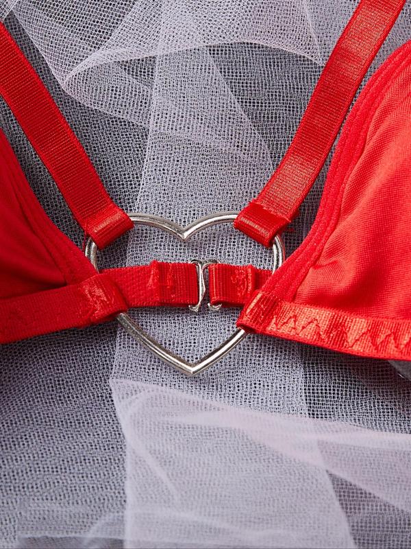 Women's 2pcs Plain Cut Out Heart-Shaped Ring Linked Lingerie Set, Casual Comfy Push Up Bra & Thong Set, Softness Lingerie Set for Women