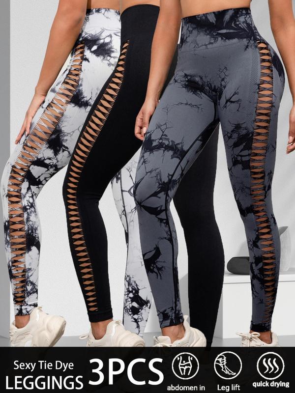 Women's Tie Dye Print Hollow Out Leggings, Casual Comfy High Waist Skinny Pants for Daily Wear, Ladies Bottoms for All Seasons