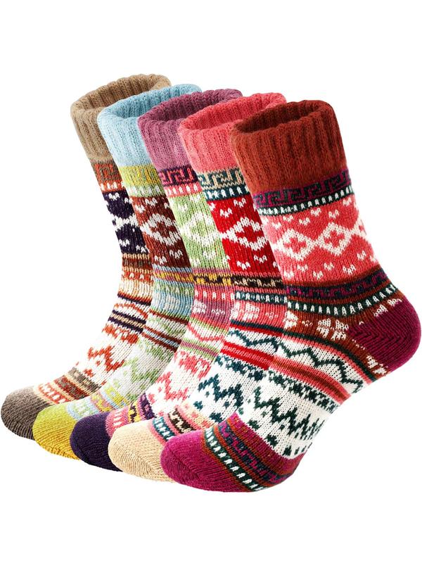 Women's Ethnic Pattern Mid-calf Socks, Casual Soft Comfy Thick Knitted Warm Socks for Fall & Winter, Women's Socks for Daily Wear