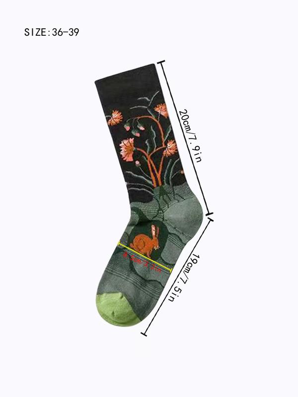 Women's 4 Pairs Animal & Floral Print Crew Socks, Fashion Street Comfy Socks For Daily Vacation Party, Women's Socks For All Seasons