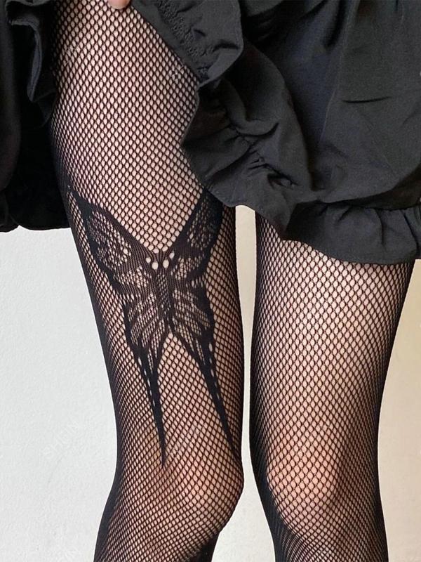 Women's Butterfly & Bow Pattern Fishnet Tights, Fashion Breathable High Stretch Hollow Out Sheer Pantyhose for Daily Wear, Ladies Tights for All Seasons