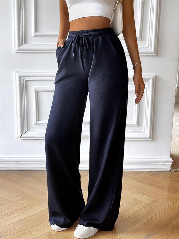 Women's Plain Lettuce Trim Drawstring Waist Wide Leg Pants, Casual Elastic Waist Pocket Trousers for Fall & Winter, Women's Bottoms for Daily Wear