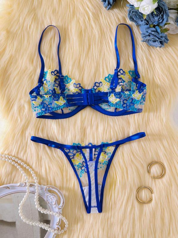 Women's Floral & Butterfly Embroidery Sheer Sexy Lingerie Two-piece Set, Adjustable Strap Bra & Thong Set, Soft Comfy Sexy Lingerie Set for Women