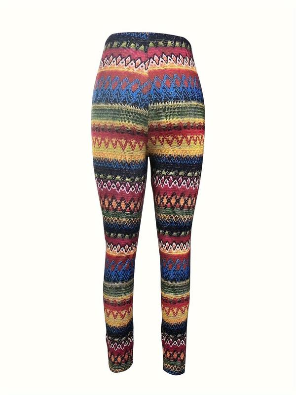 Women's Patchwork Print Skinny Pants, Casual Comfy Elastic Waist Leggings for Fall & Winter, Women's Bottoms for Daily Wear