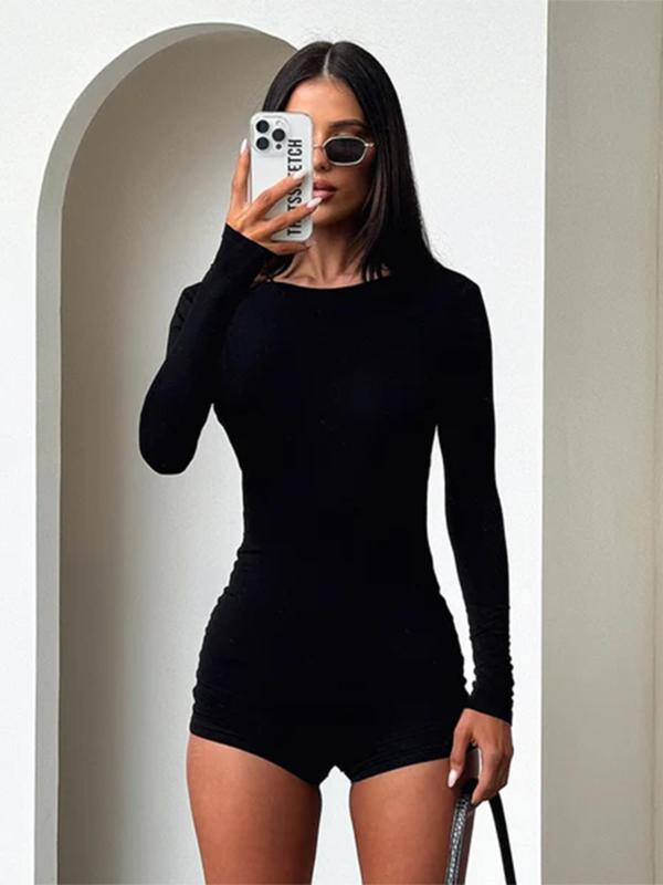 Women's Solid Backless Boat Neck Long Sleeve Bodysuit, Casual Comfy Tight-fitting Romper for Spring & Fall, Ladies Clothes for Daily Wear