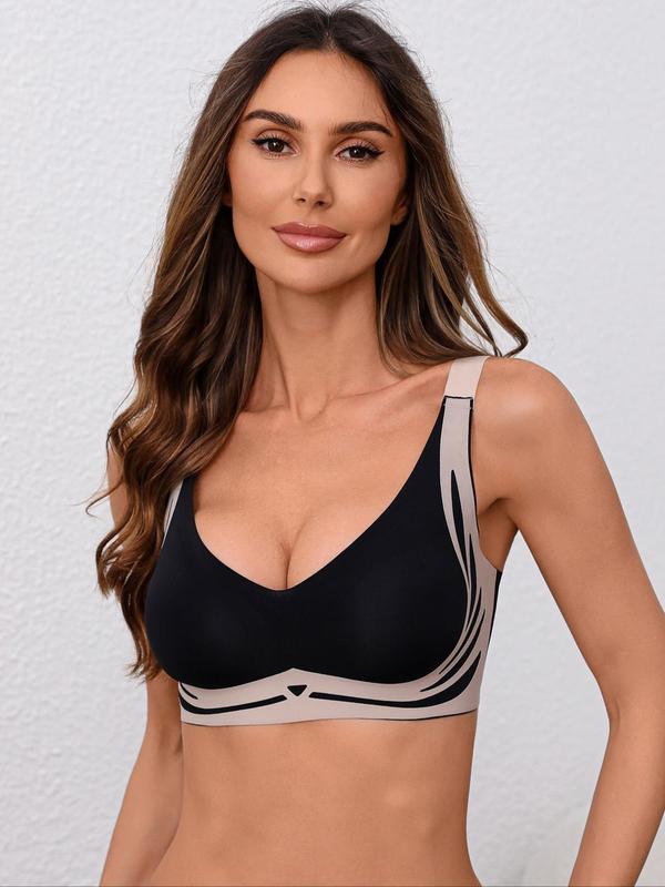 Women's Colorblock Print Wireless Bra, Seamless Adjustable Strap Push Up Bra, Soft Comfortable Breathable Lingerie for All Seasons, Women's Clothing