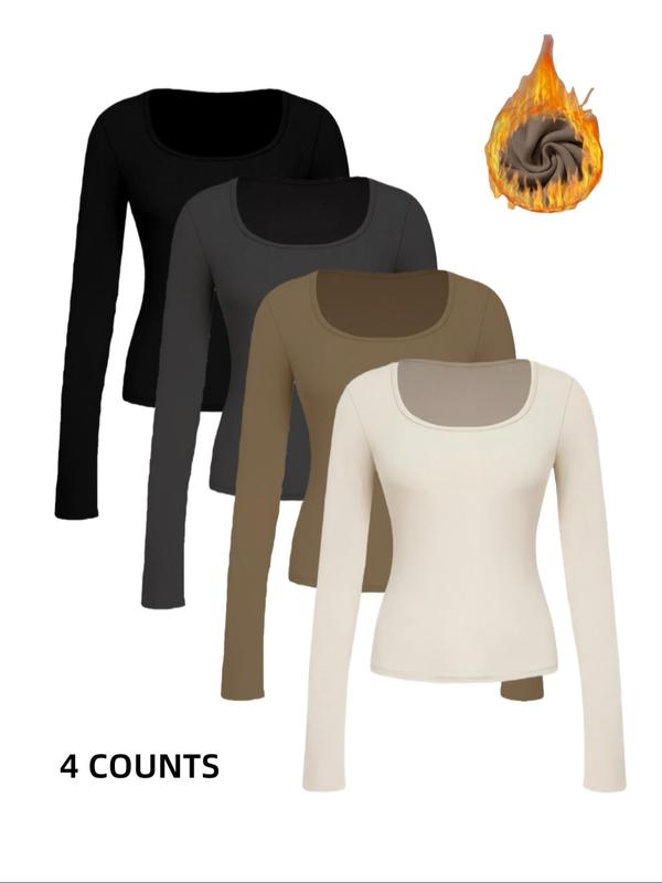 Women's Solid Thermal Lined Top, Casual Comfy U Neck Long Sleeve Top for Fall & Winter, Women's Underwear for Daily Wear