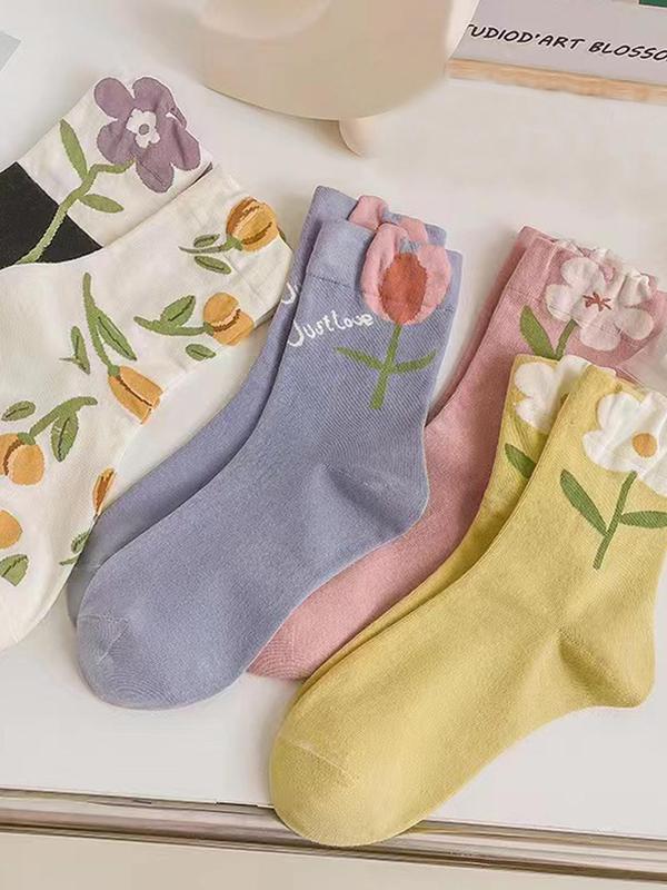 Women's 5 Pairs Floral Print Crew Socks, Fashion Casual Comfy Socks for Daily Outdoor Wear, Women Socks for All Seasons