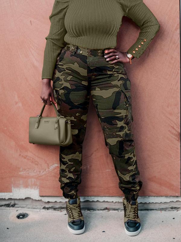 Women's Camo Print Pocket Button Cargo Pants, Casual Streetwear Trendy Trousers for Daily Wear, Ladies Bottoms for Fall & Winter