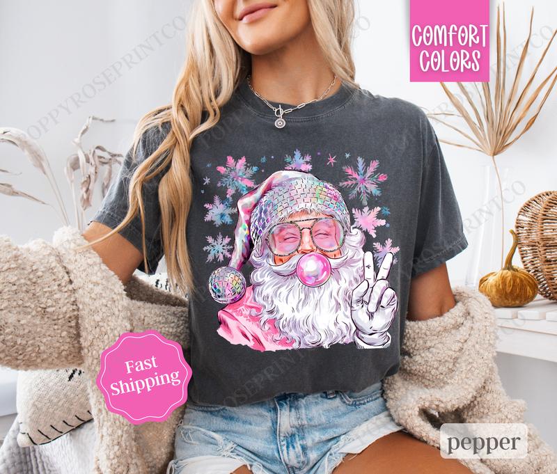 Sparkle Santa Shirt Comfort Colors, Preppy Christmas Tshirt,  Womens Holiday Tee