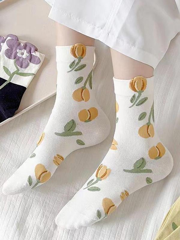 Women's 5 Pairs Floral Print Crew Socks, Fashion Casual Comfy Socks for Daily Outdoor Wear, Women Socks for All Seasons