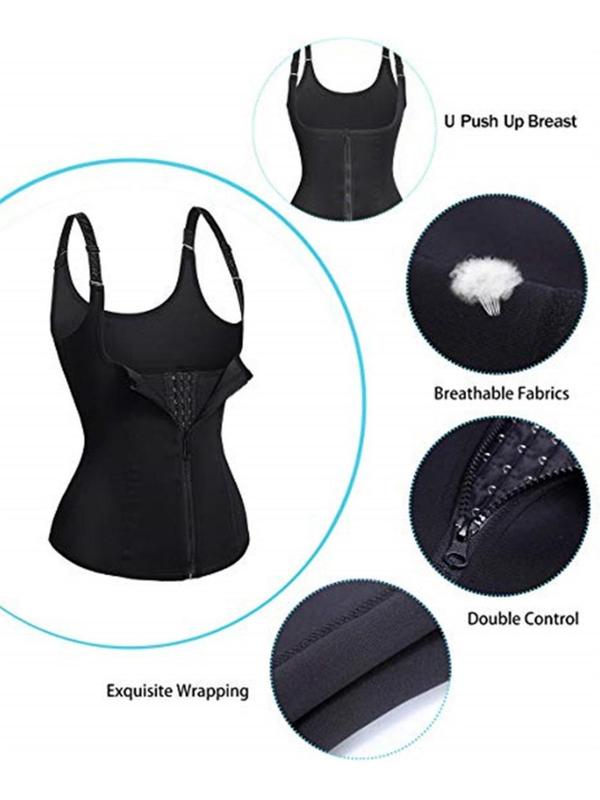 Women's Solid Zipper Hook And Eye Shapewear Top, Casual Adjustable Strap Tummy Control Shaper, Women's Shapewear for Daily Wear