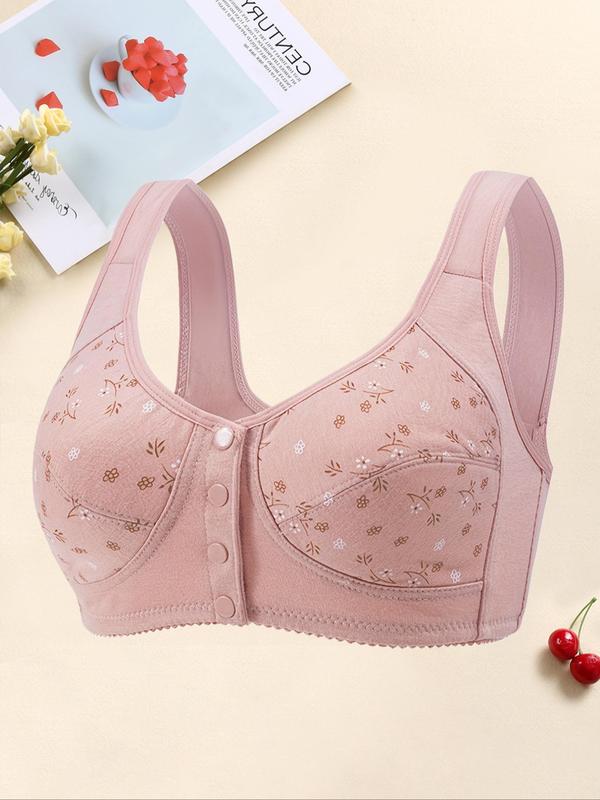  Ditsy Floral Print Wireless Bra, Comfortable Breathable Button Front Bra for Daily Wear, Women's Lingerie for All Seasons