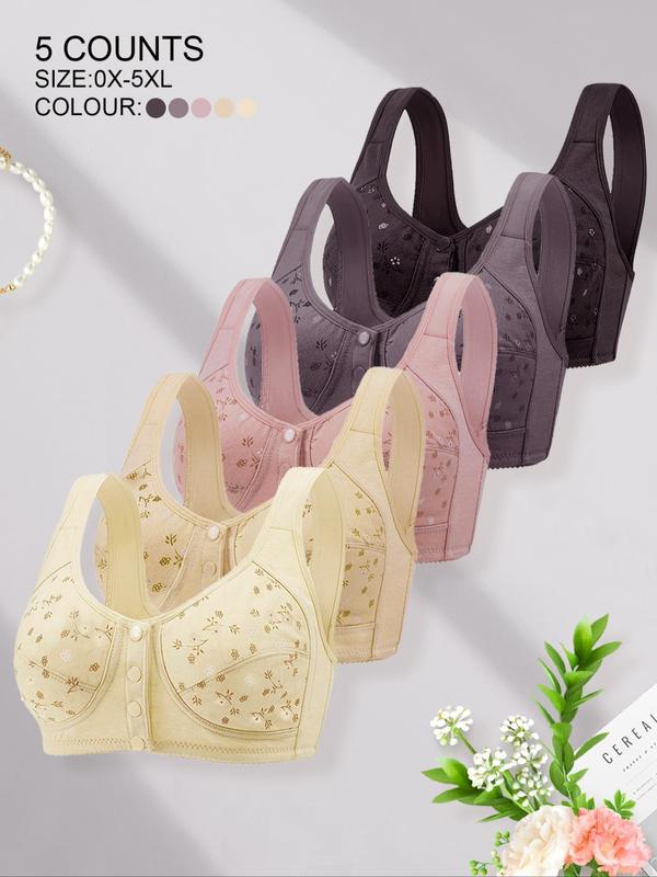  Ditsy Floral Print Wireless Bra, Comfortable Breathable Button Front Bra for Daily Wear, Women's Lingerie for All Seasons