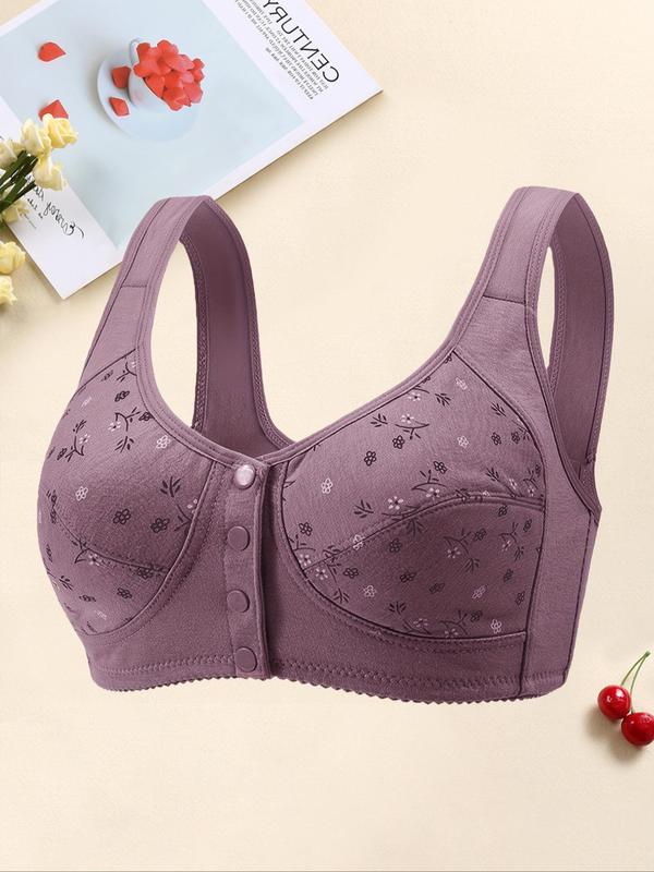  Ditsy Floral Print Wireless Bra, Comfortable Breathable Button Front Bra for Daily Wear, Women's Lingerie for All Seasons