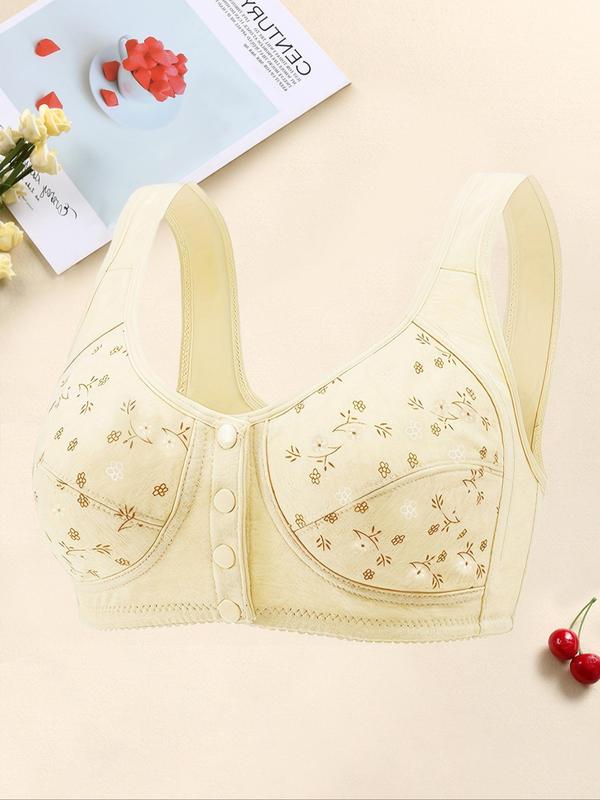  Ditsy Floral Print Wireless Bra, Comfortable Breathable Button Front Bra for Daily Wear, Women's Lingerie for All Seasons