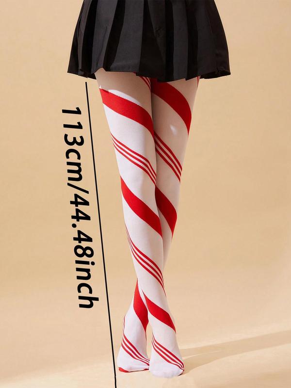 Women's Christmas Themed Striped Print Tights, Casual Comfy High Stretch Stockings for Daily Wear, Ladies Socks for All Seasons