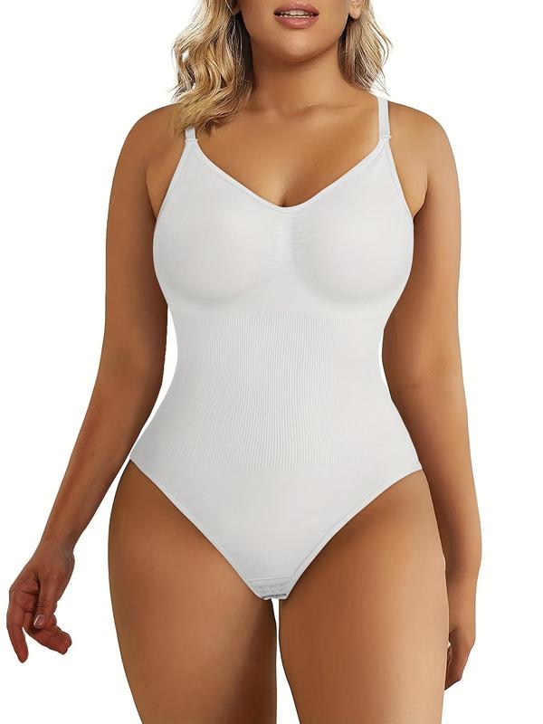 Women's Solid Open Crotch Design Shapewear Bodysuit, V Neck Adjustable Strap Tummy Control Compression Shaper, Casual Women's Shapewear for All Seasons