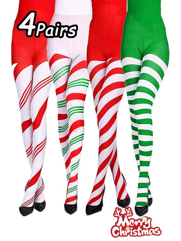 Women's Christmas Themed Striped Print Tights, Casual Comfy High Stretch Stockings for Daily Wear, Ladies Socks for All Seasons